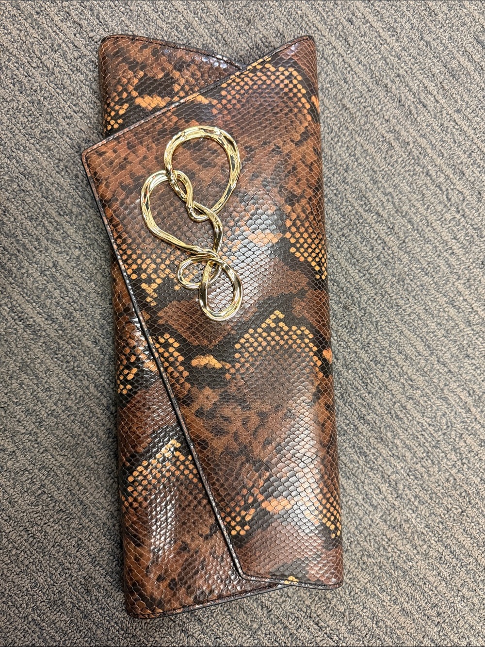 Alexis Bittar Brown and Gold Snake-Print Clutch with Twisted Gold Accent